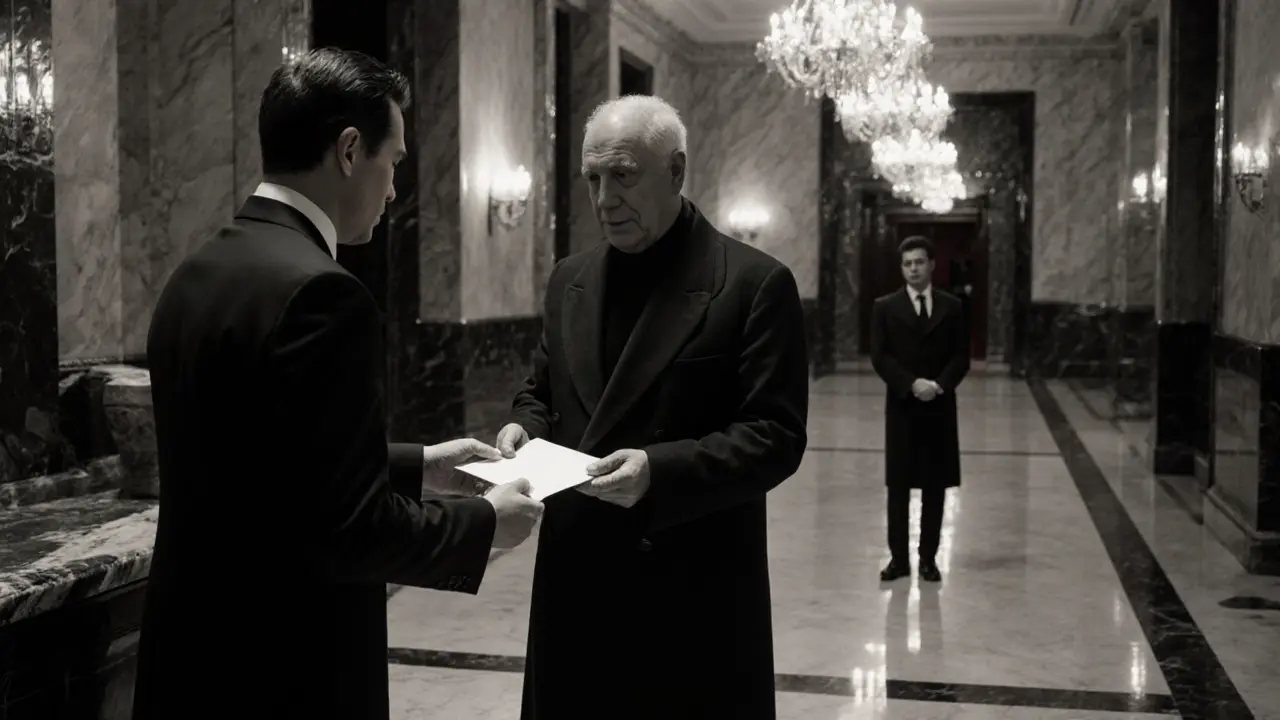 A hotel concierge discreetly hands an envelope to a guest at the Four Seasons Milan entrance.