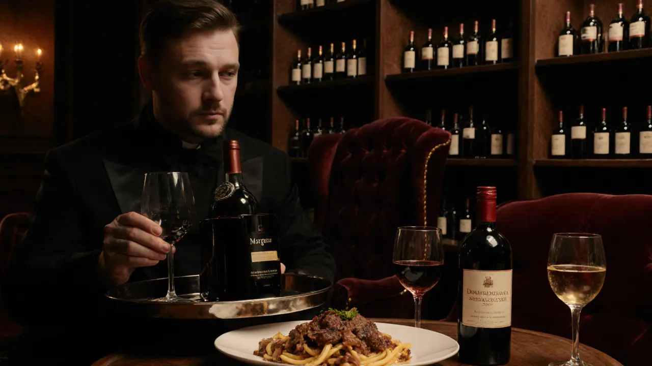 A luxurious Mayfair wine cellar with a sommelier presenting a rare Bordeaux alongside truffle gnocchi, velvet chairs and glowing crystal glasses.