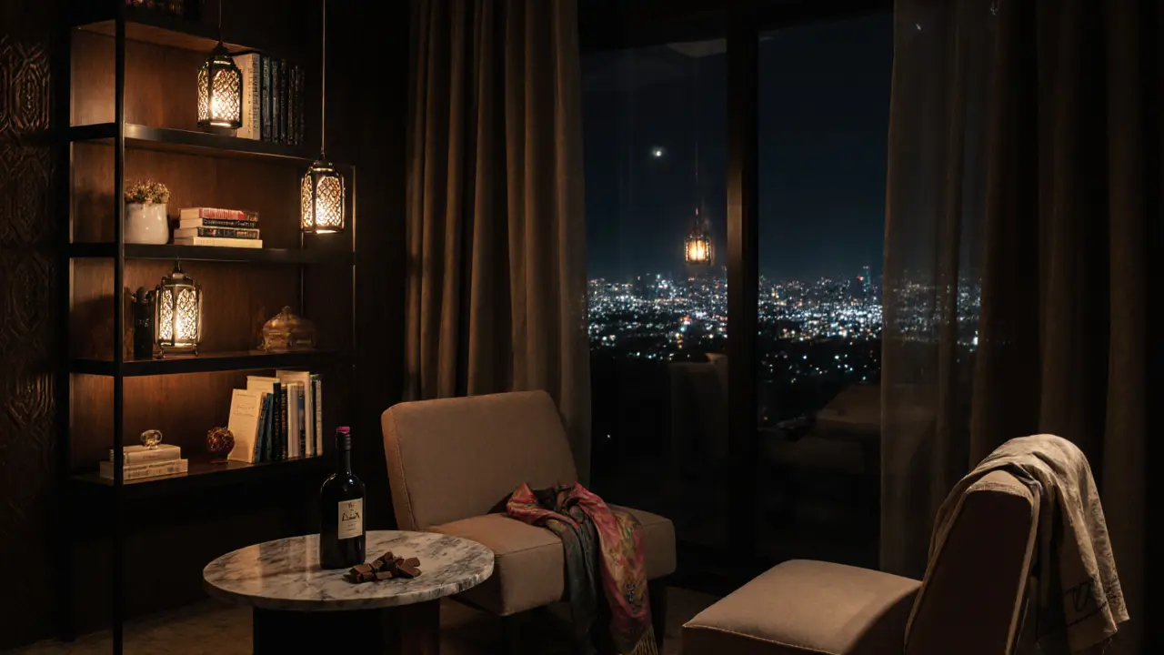 A luxurious villa lounge at night with Arabic lanterns, a bookshelf, and an empty chair with a silk scarf.