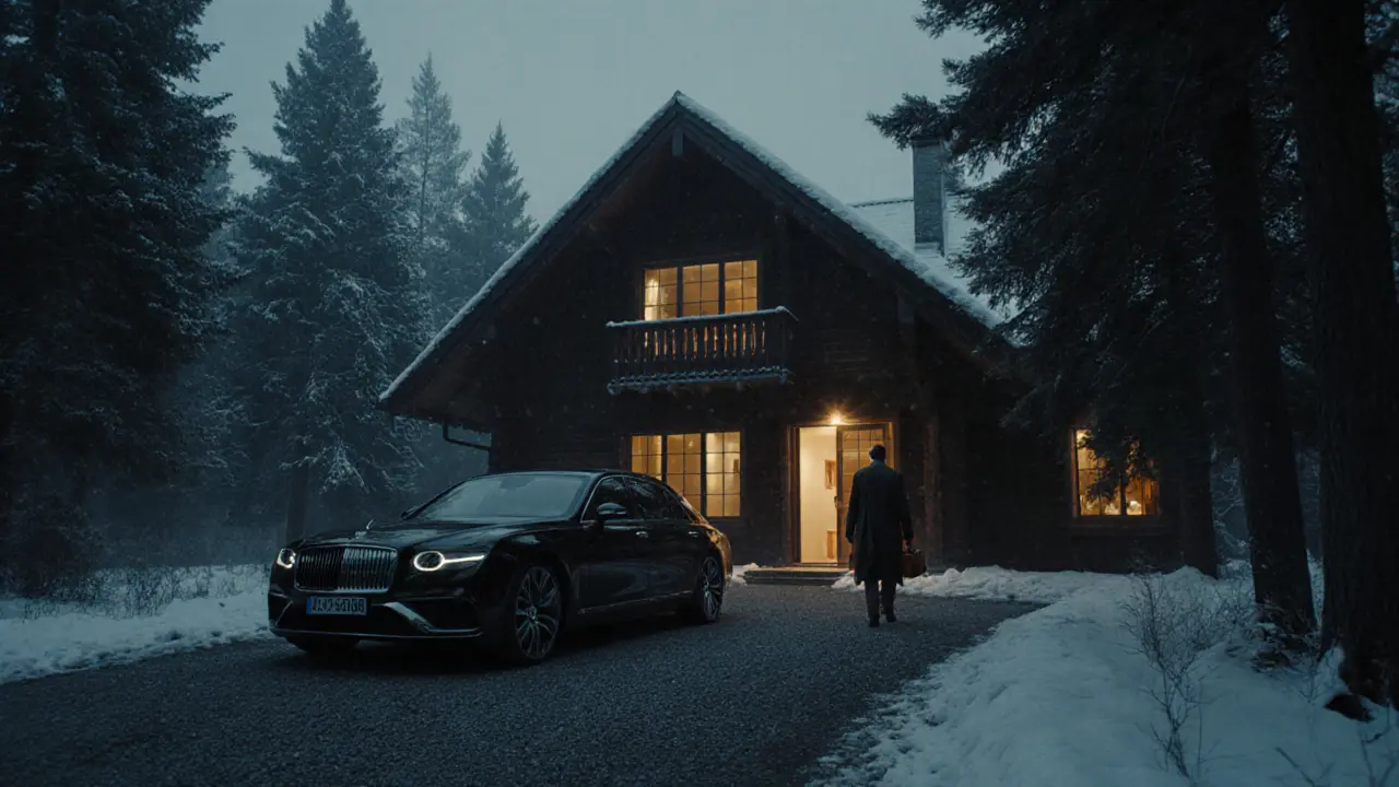 A luxury car arriving at a secluded forest chalet in Spreewald during twilight, shrouded in mist.