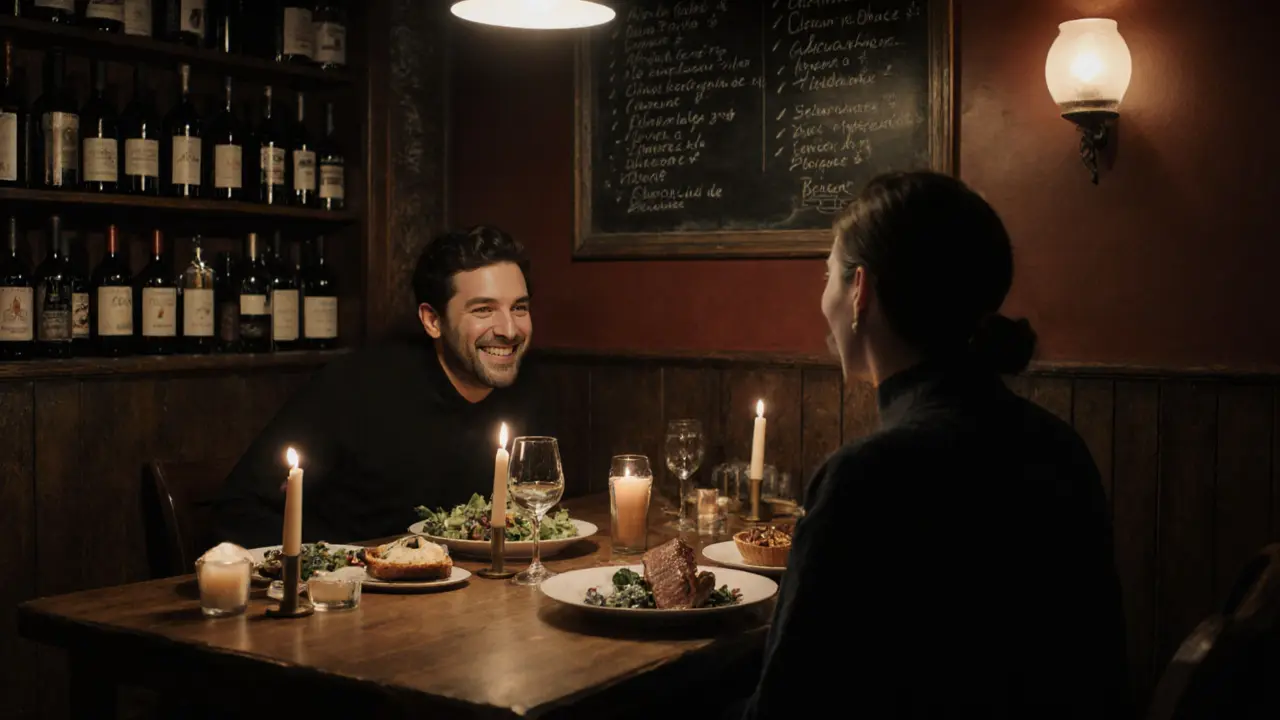 A man and woman enjoying a simple French dinner in a cozy Marais bistro, candlelight illuminating their conversation.