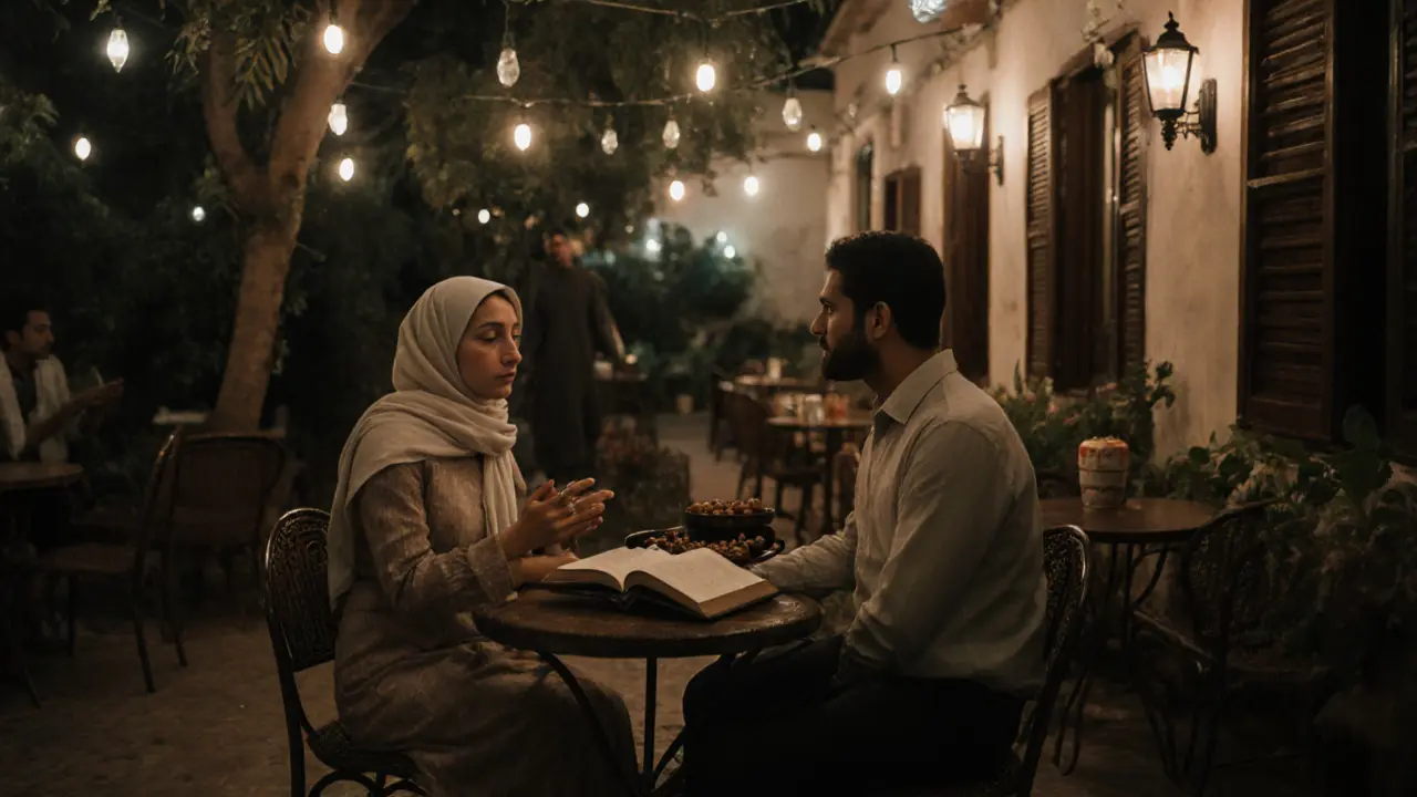 A man and woman talking at a hidden Dubai café, engaged in calm, dignified connection under string lights.