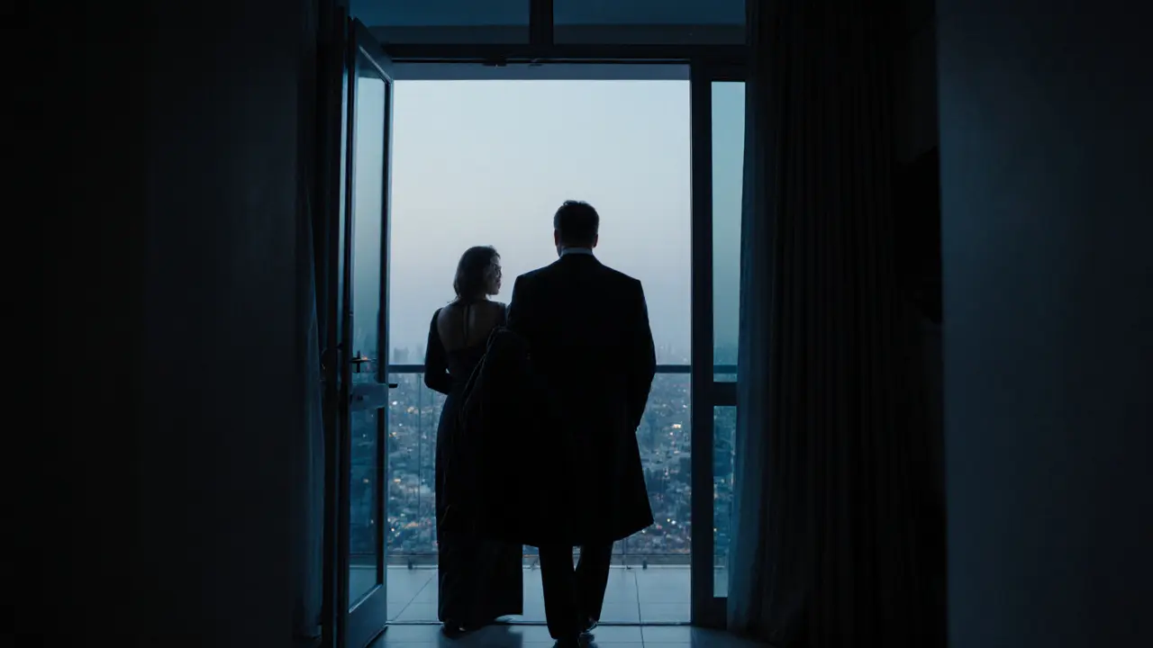 A man leaving a Dubai apartment at dusk, turning back to acknowledge the woman in the doorway, no embrace, quiet dignity.