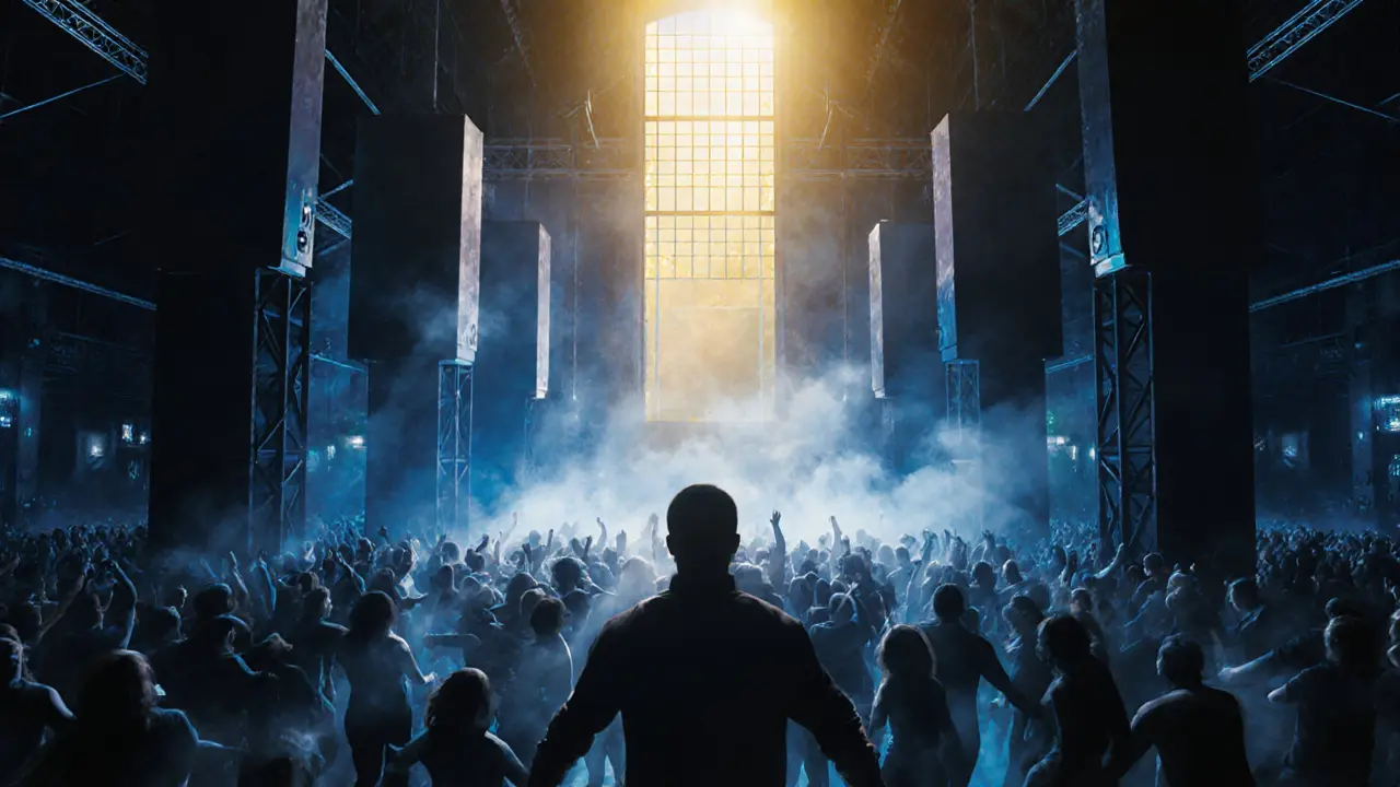 A massive nightclub at dawn with dancers silhouetted against pulsing lights and rising golden sunrise.