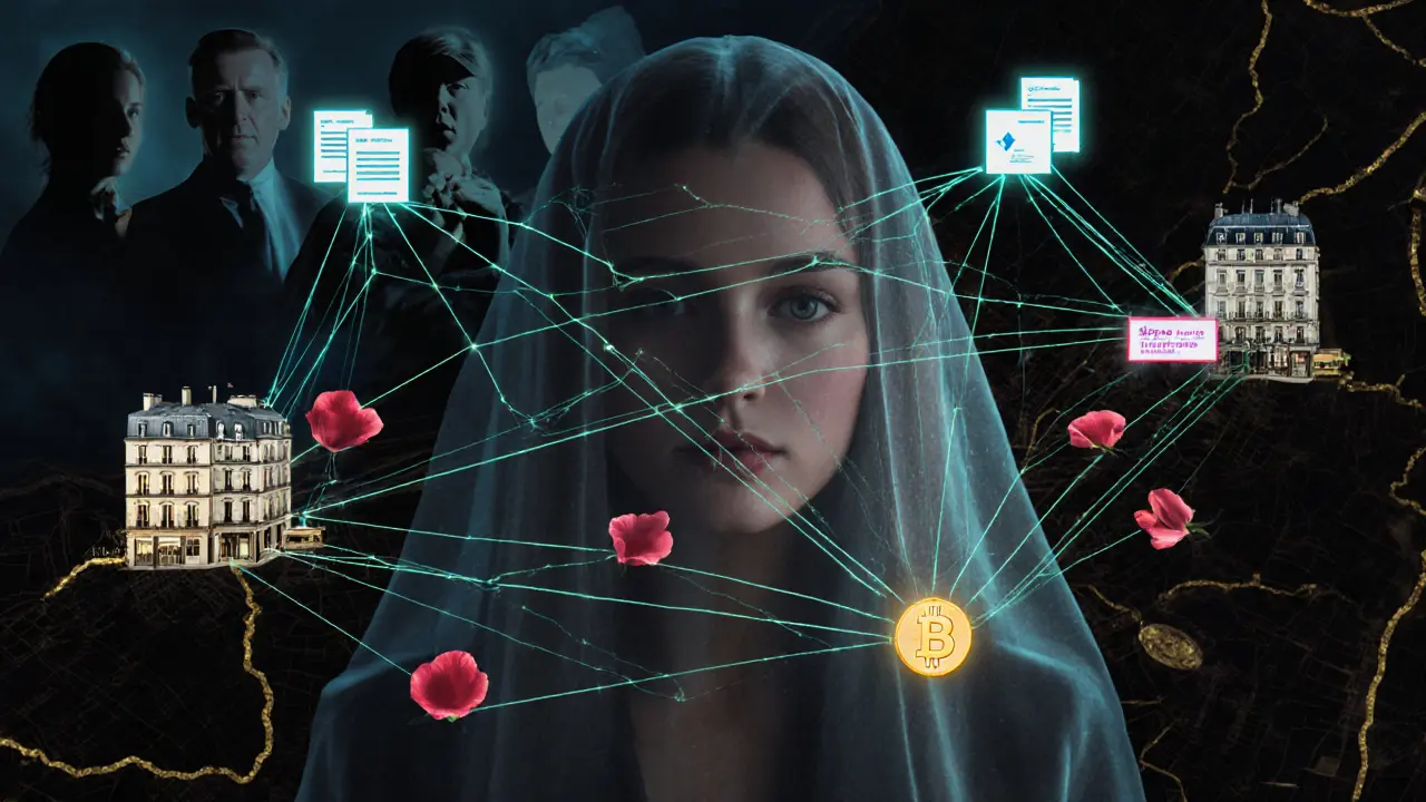 A network of digital connections glows over Paris, linking discreet locations to a woman whose face is partially veiled in petals.