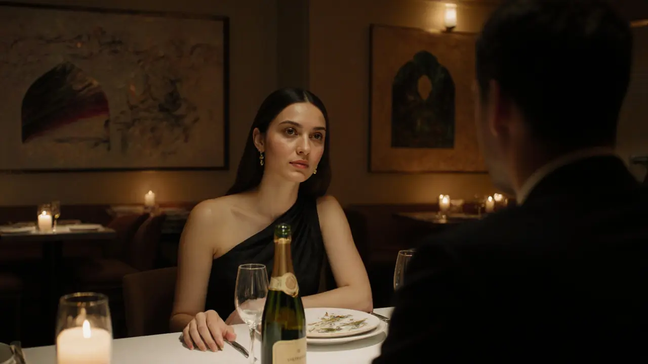 A poised woman engages in thoughtful conversation with a client at Zuma restaurant, candlelight illuminating their dinner.