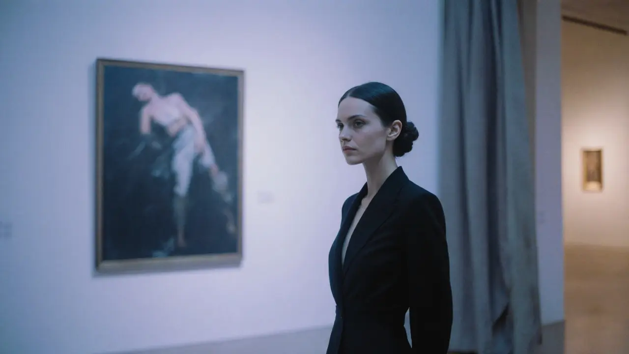 A poised woman stands alone in a private art gallery, admiring a contemporary painting after hours.