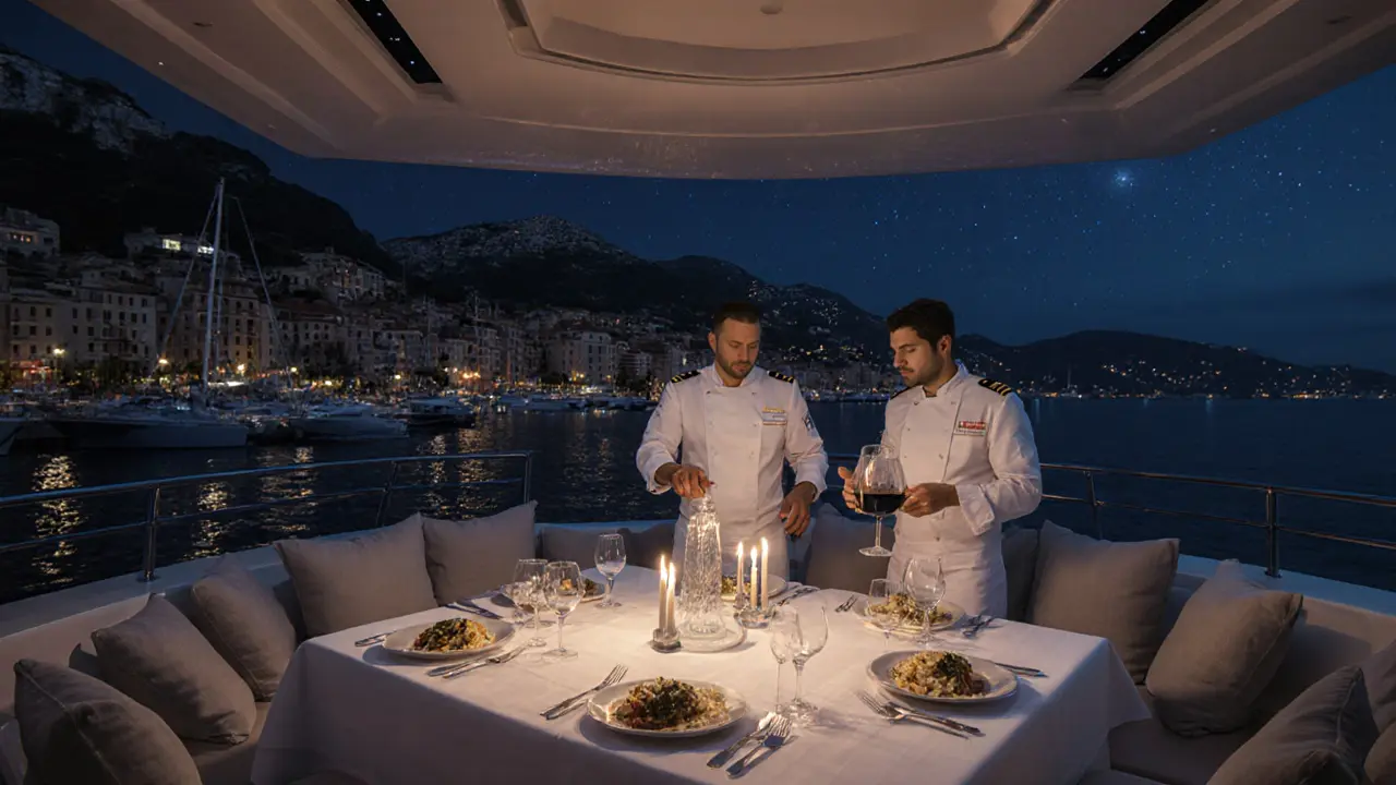 A private superyacht dinner at midnight with candlelight, fine dining, and calm ocean reflections.