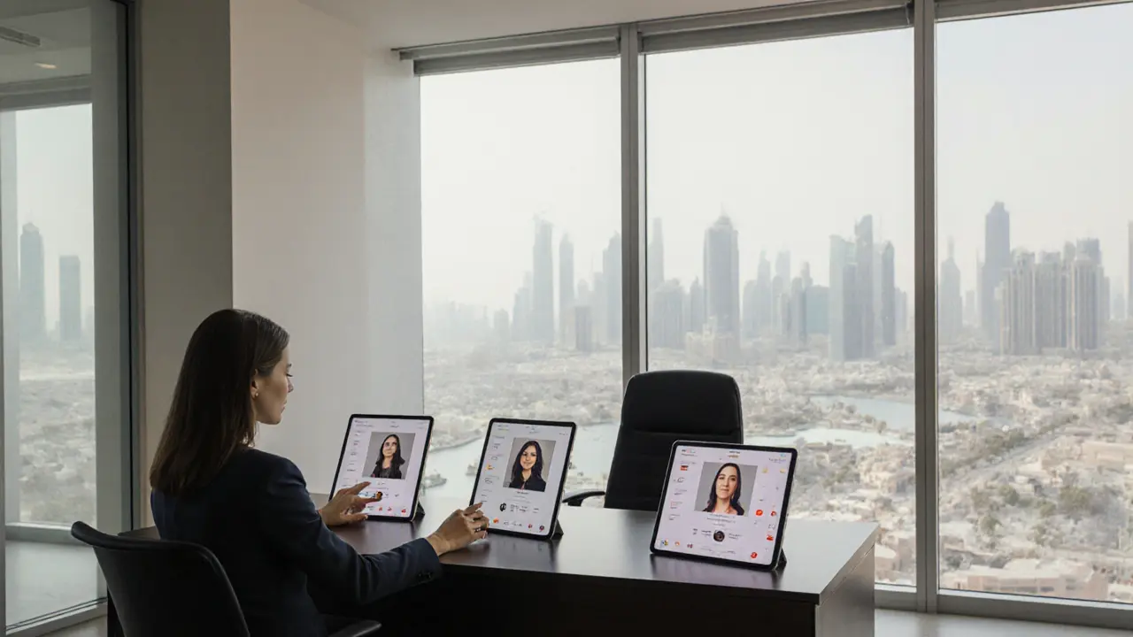 A professional agency office in Dubai displaying anonymized companion profiles on encrypted tablets.