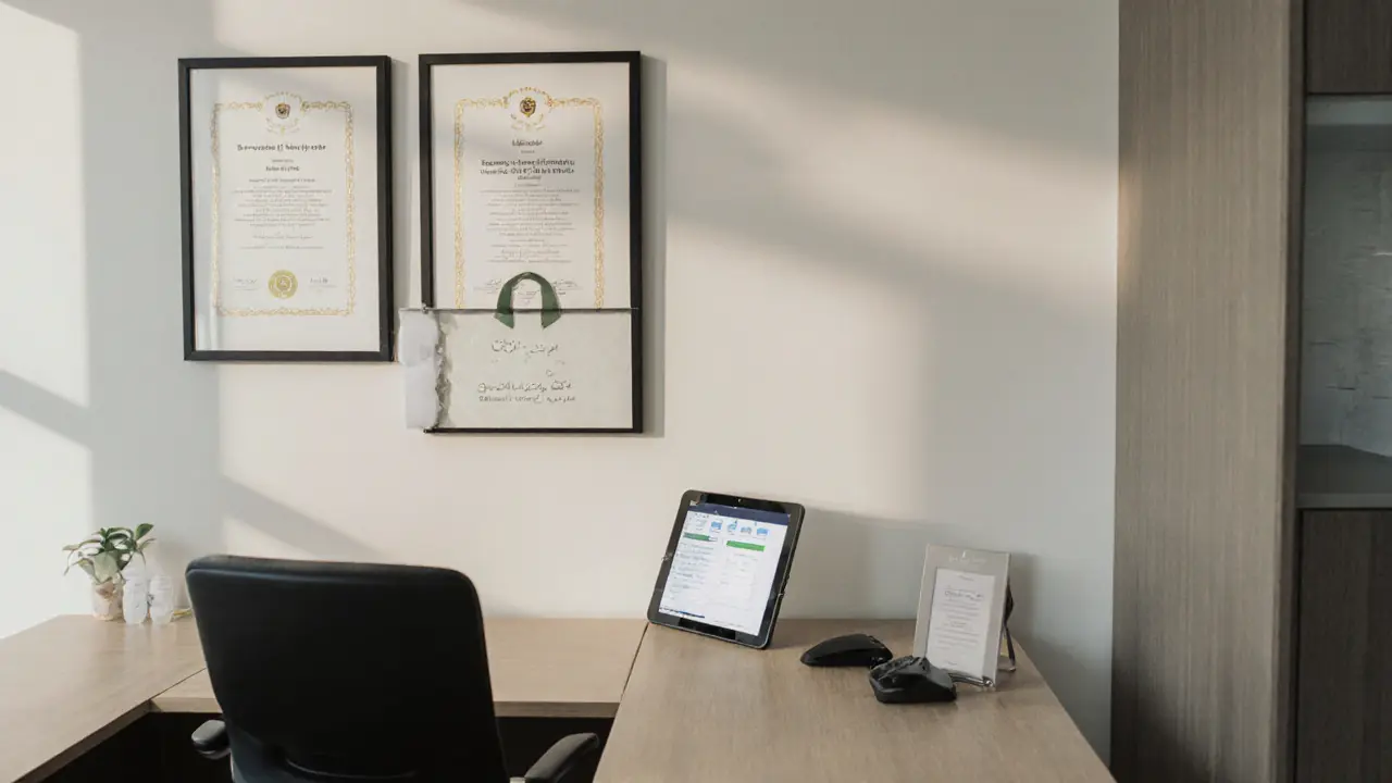A professional in a discreet Abu Dhabi agency office reviews client documents under soft morning light.