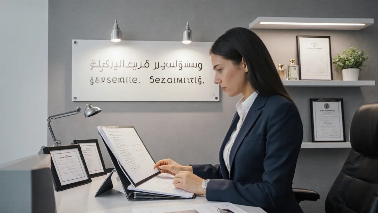A professional woman reviews vetting documents in a modern Dubai agency office, surrounded by multilingual certificates and luxury samples.