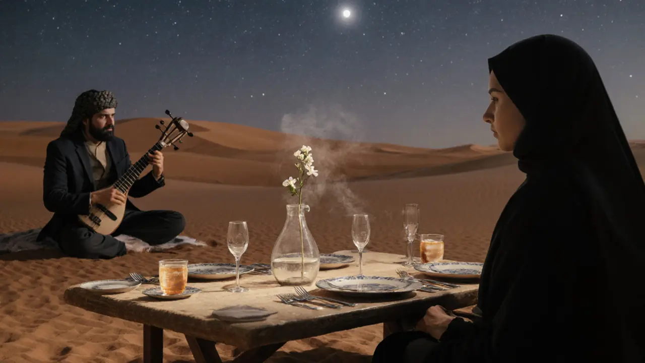 A quiet desert dinner under stars with tea, jasmine, and an oud player in the shadows of the dunes.