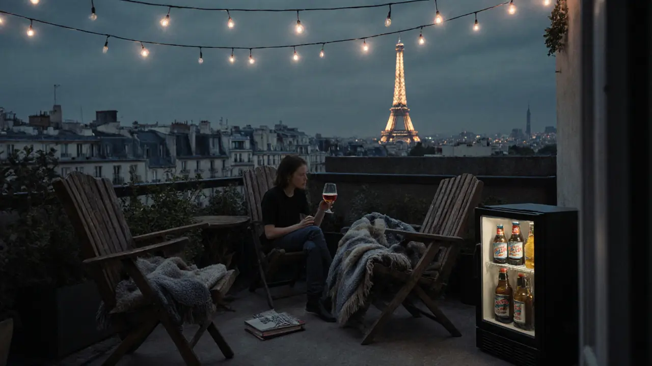 A quiet rooftop terrace overlooking the Eiffel Tower, with mismatched chairs, string lights, and a lone person enjoying the night.