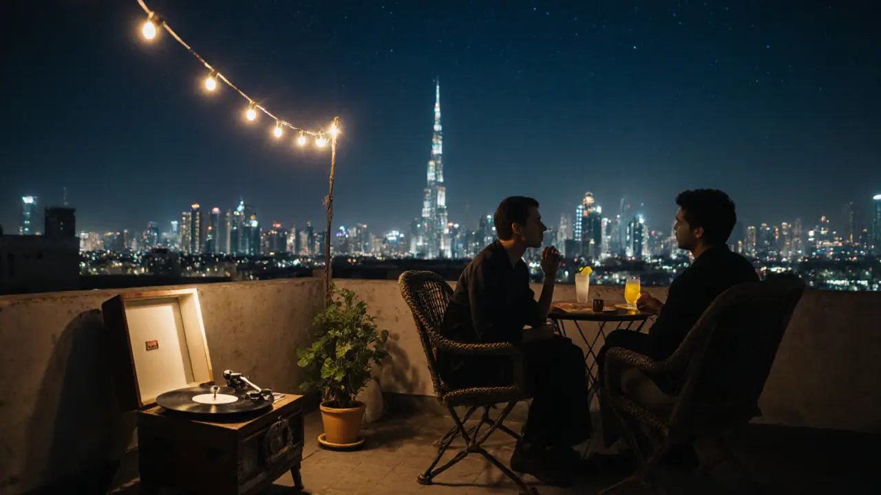 A quiet rooftop terrace with mismatched chairs, fairy lights, and the Dubai skyline glowing in the distance.