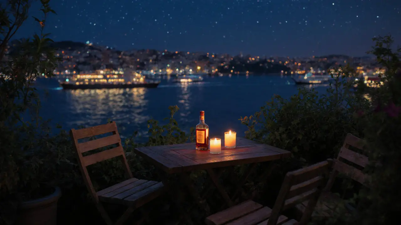 A quiet rooftop with two chairs, candles, and the Bosphorus shimmering under starlight.