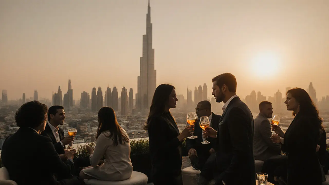 A sophisticated rooftop gathering in Dubai at sunset with a companion in elegant attire conversing with a guest.