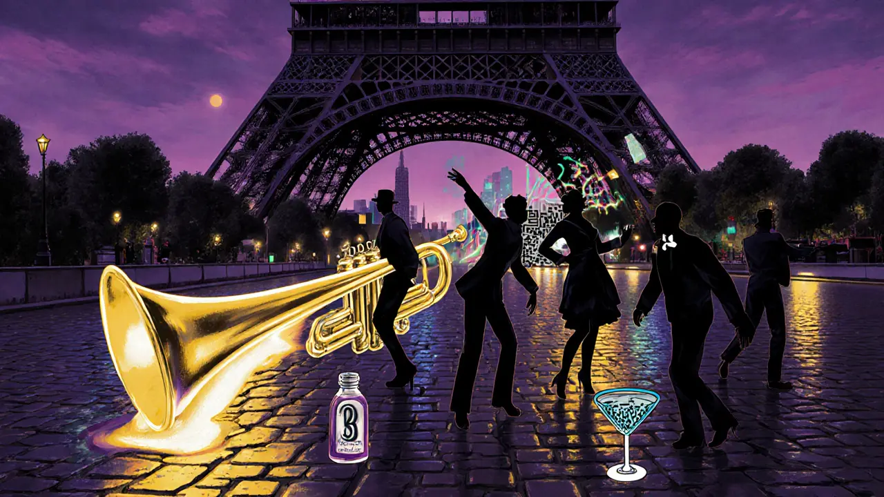 A surreal blend of historic and modern Paris nightlife elements merging into one flowing, dreamlike scene.