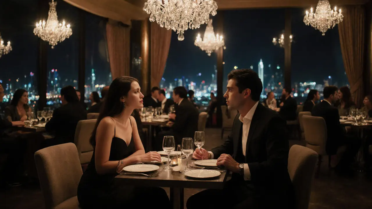 A well-dressed woman and man converse softly in a high-end Dubai lounge, no physical contact, sophisticated ambiance.