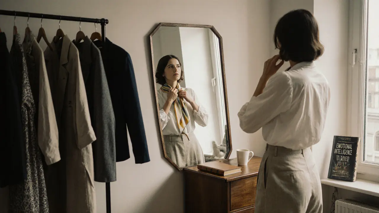 A woman adjusts her scarf in a modest Berlin apartment, surrounded by a carefully chosen wardrobe and a book on emotional intelligence.
