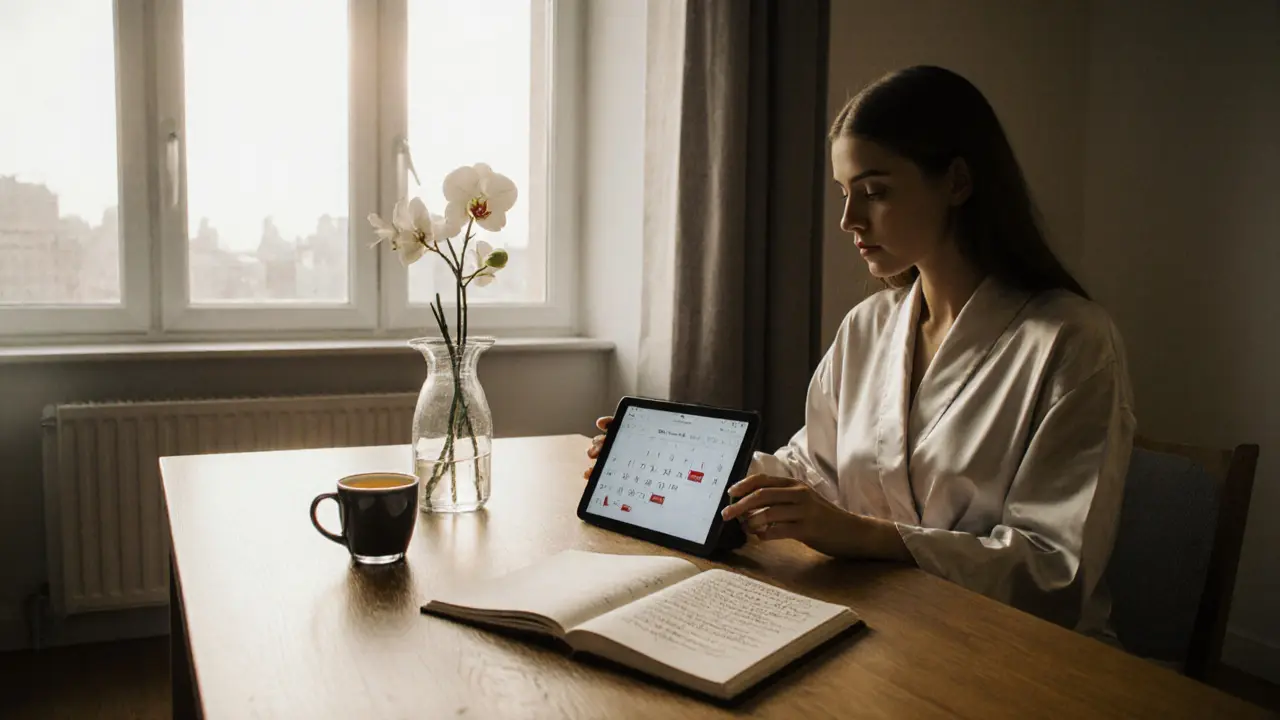 A woman in a silk robe working at a dining table in a minimalist Berlin apartment at dawn.