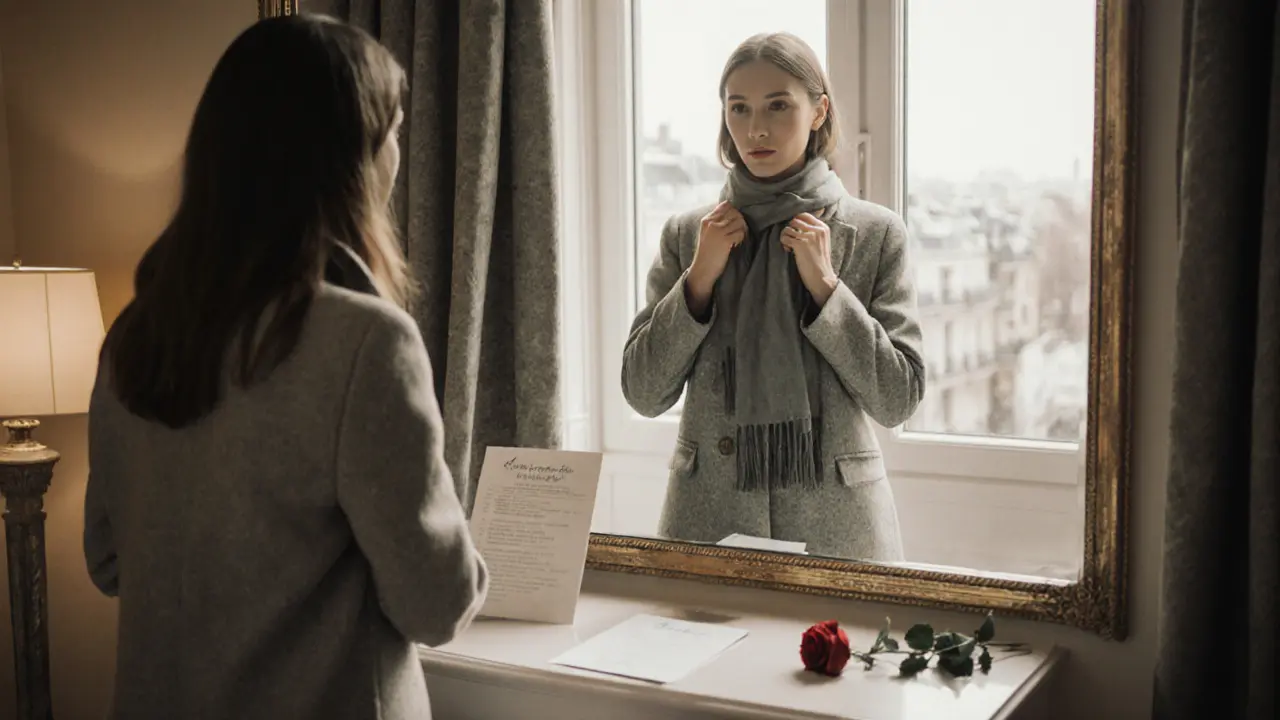 A woman preparing in her hotel room, surrounded by subtle symbols of self-care and intention.