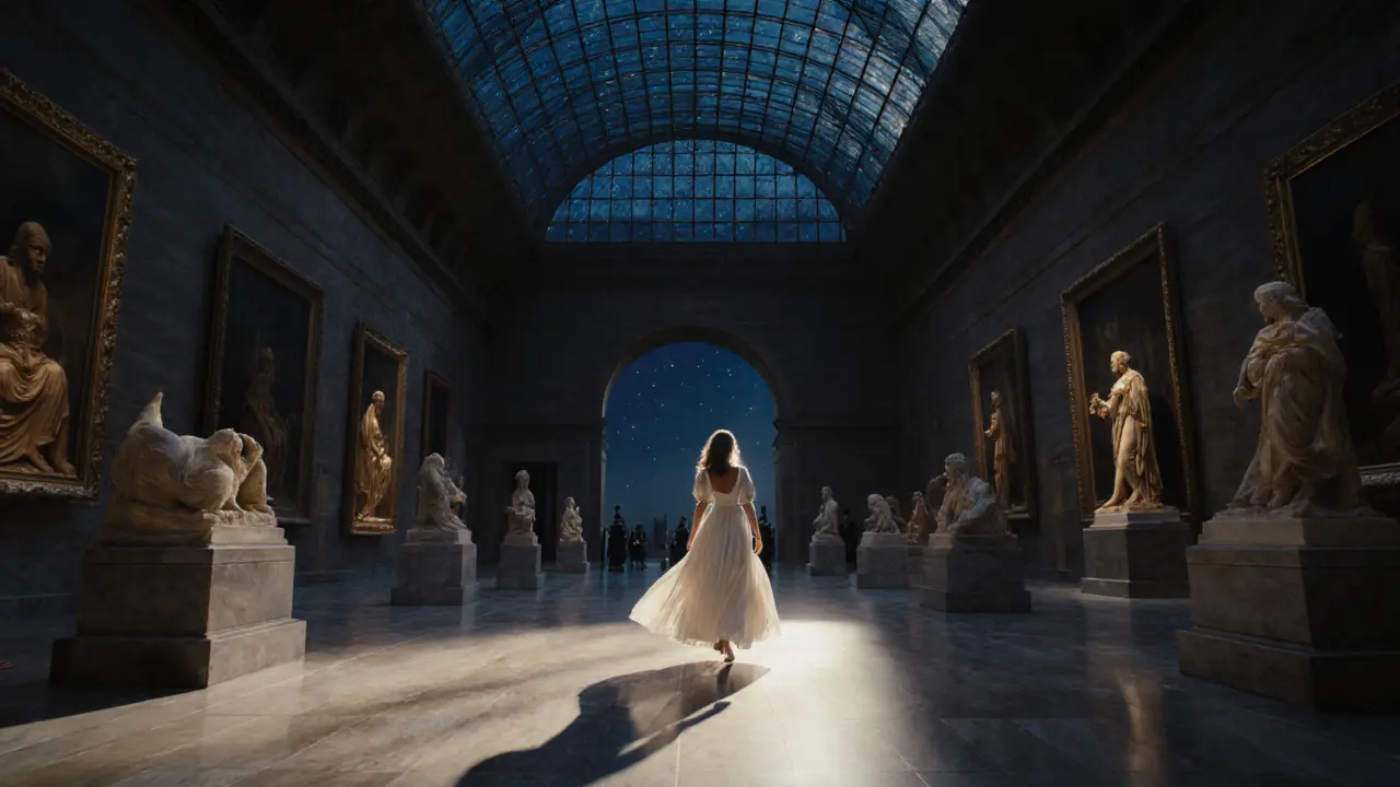 A woman walking alone through the moonlit Louvre Abu Dhabi galleries, starlight streaming through glass domes.