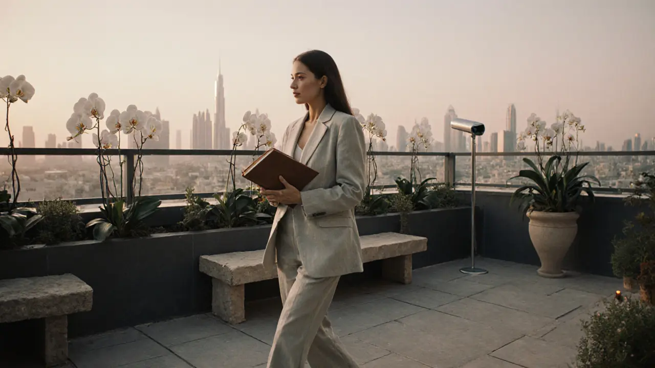 A woman walks alone in a secluded rooftop garden at dawn in Dubai, holding a notebook, the city waking behind her.