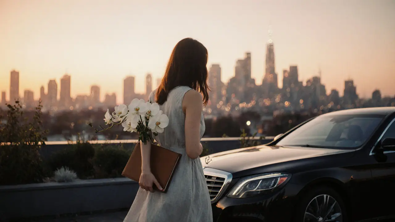A woman walks away from a luxury car at sunset, holding a journal and orchids, as Dubai&#039;s skyline glows behind her.