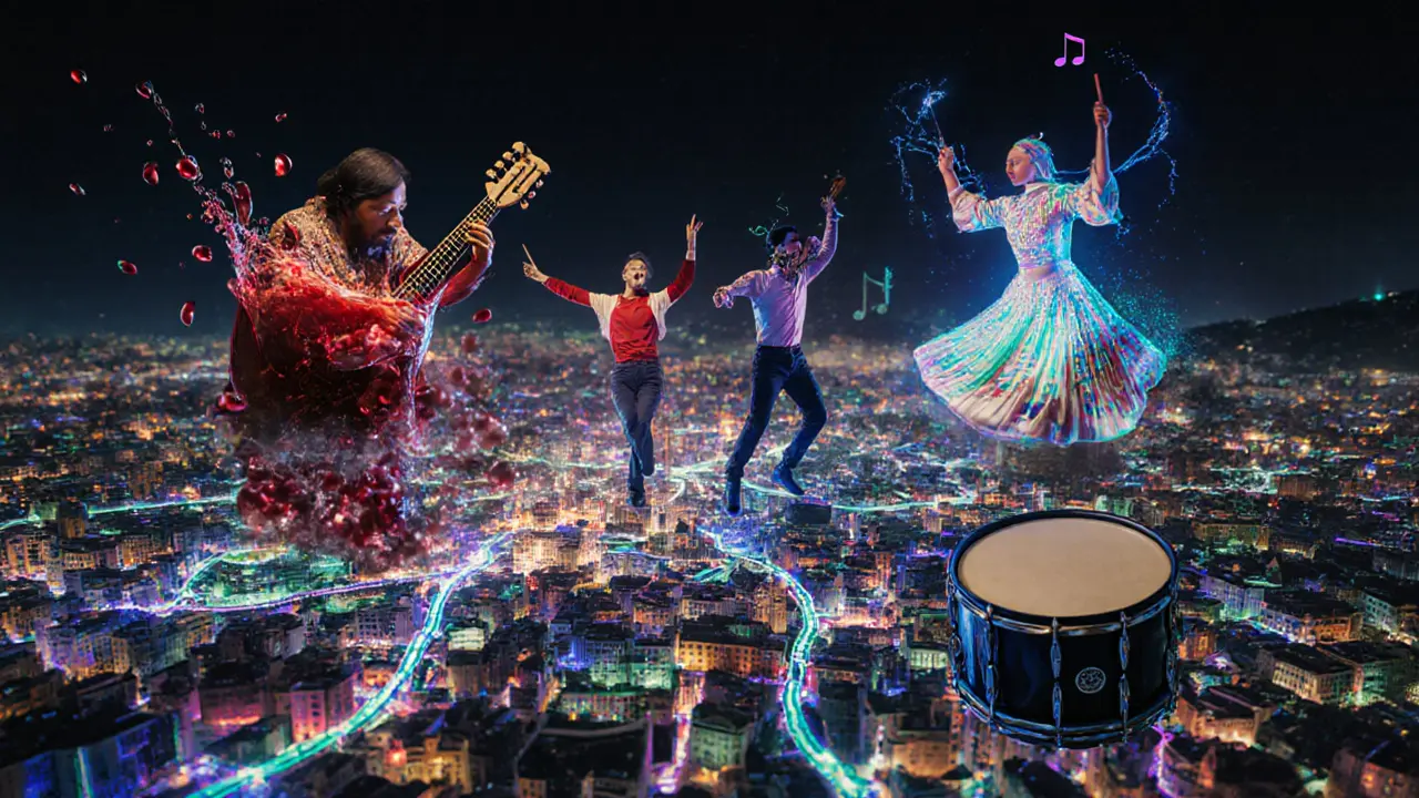 Abstract representation of Istanbul’s nightlife sounds blending traditional and modern music into flowing light.