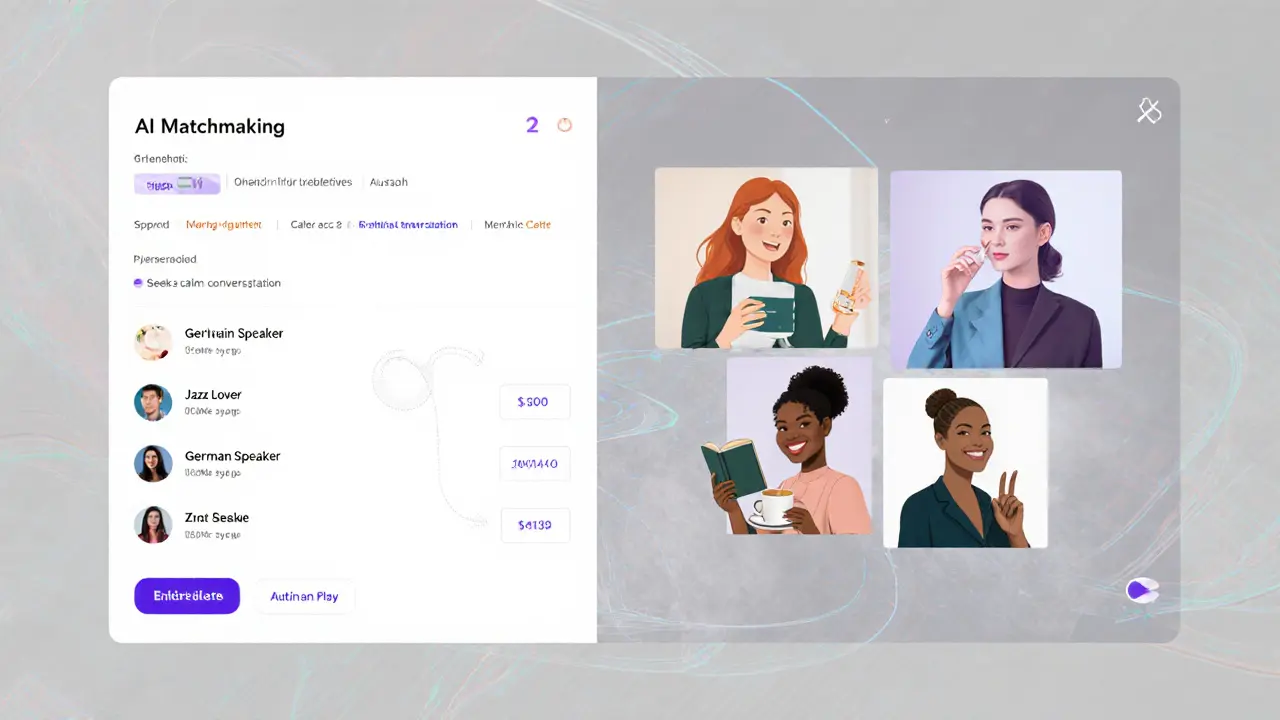 AI matchmaking interface showing client preferences alongside diverse escort profiles.