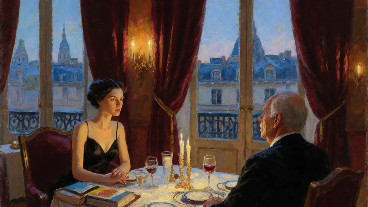 An elderly man and a woman share a quiet dinner in a refined hotel suite, engaged in thoughtful conversation.