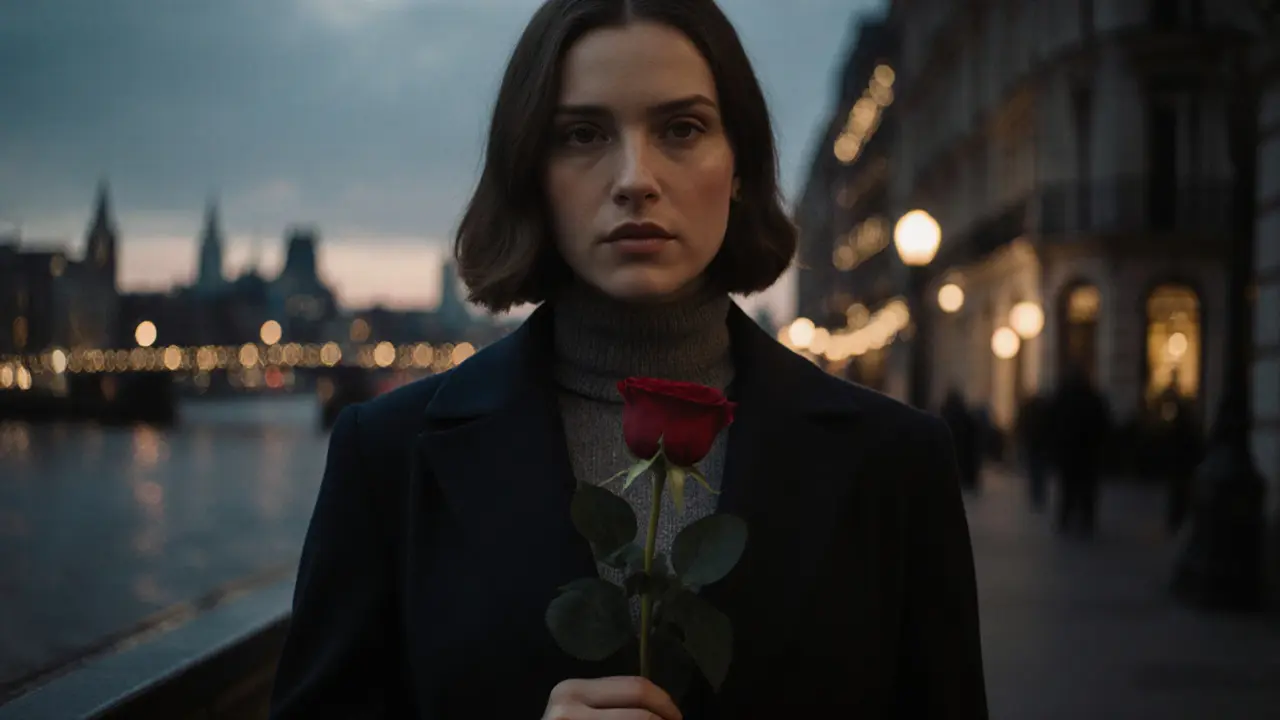 An escort holding a rose outside a boutique hotel in Soho at dusk.