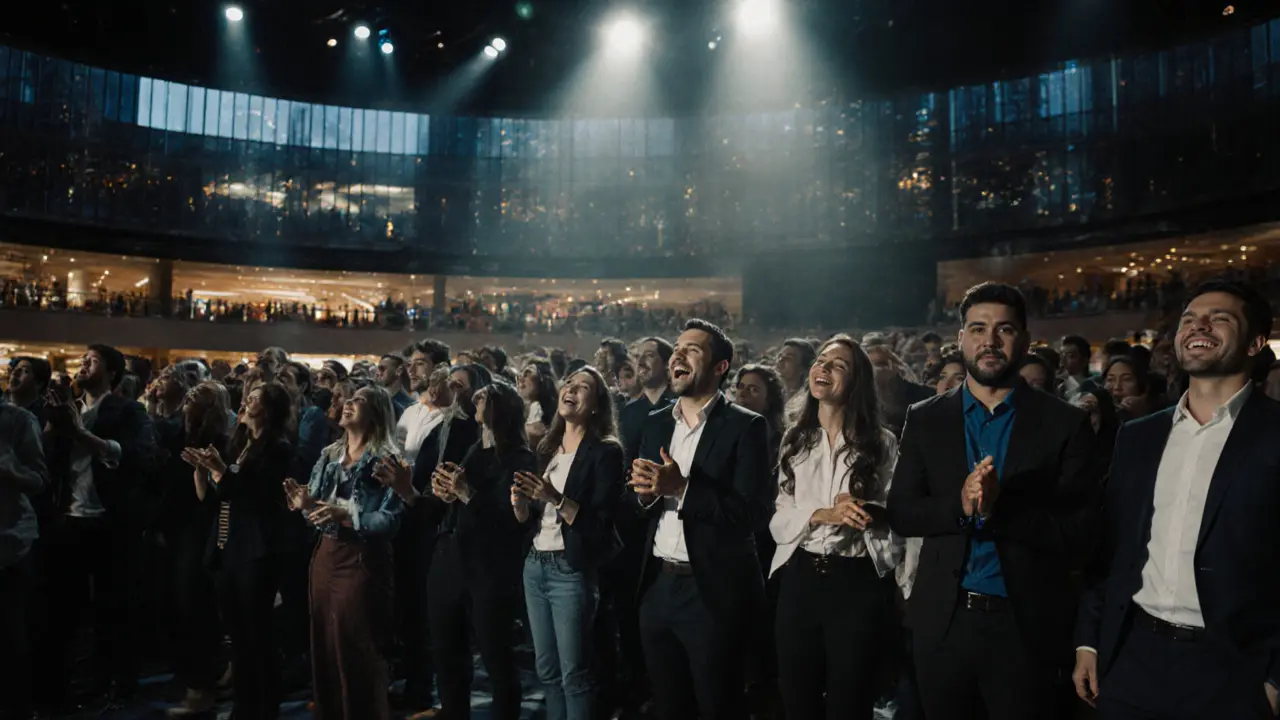 An international comedian performing on stage to a packed audience in a modern theater with city views.