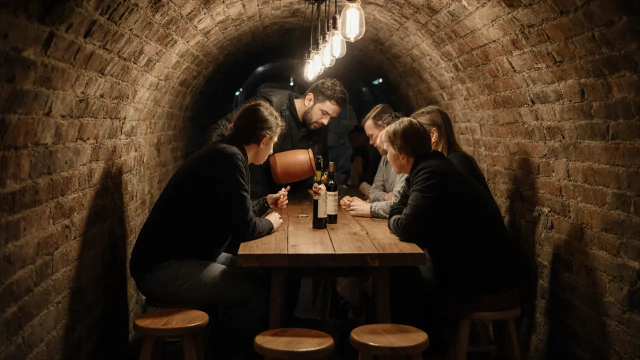 An underground Brixton wine tasting with a grower pouring natural wine for a small group, clay amphorae and hand-labeled bottles in soft light.