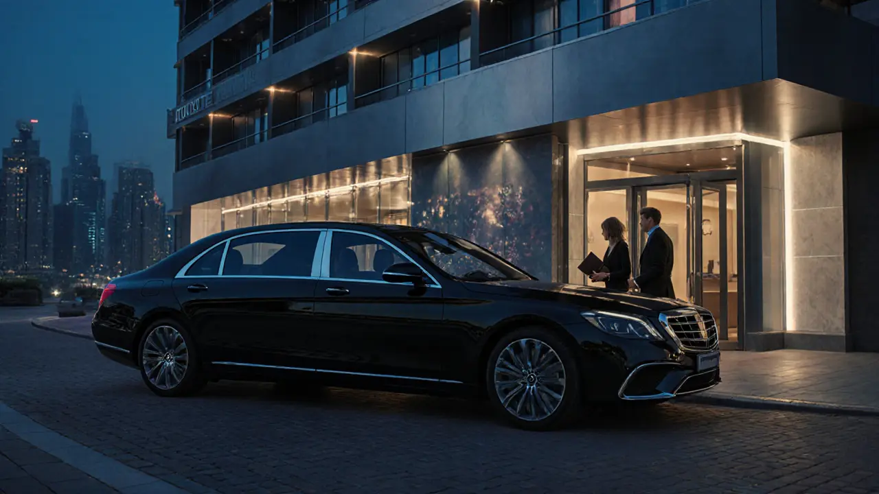 An unmarked luxury car outside a high-end Dubai hotel as a discreet companion exits.