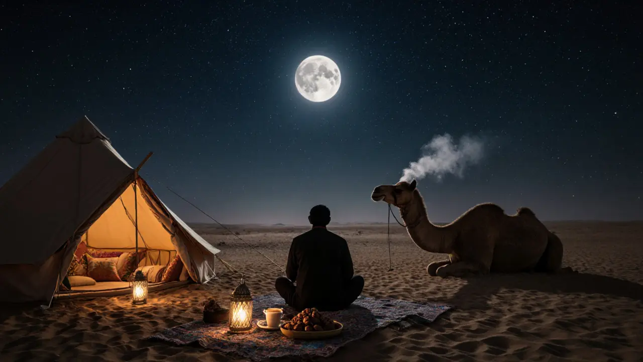Bedouin tents under a full moon in the desert, lit by lanterns as a storyteller sits among guests in silence.