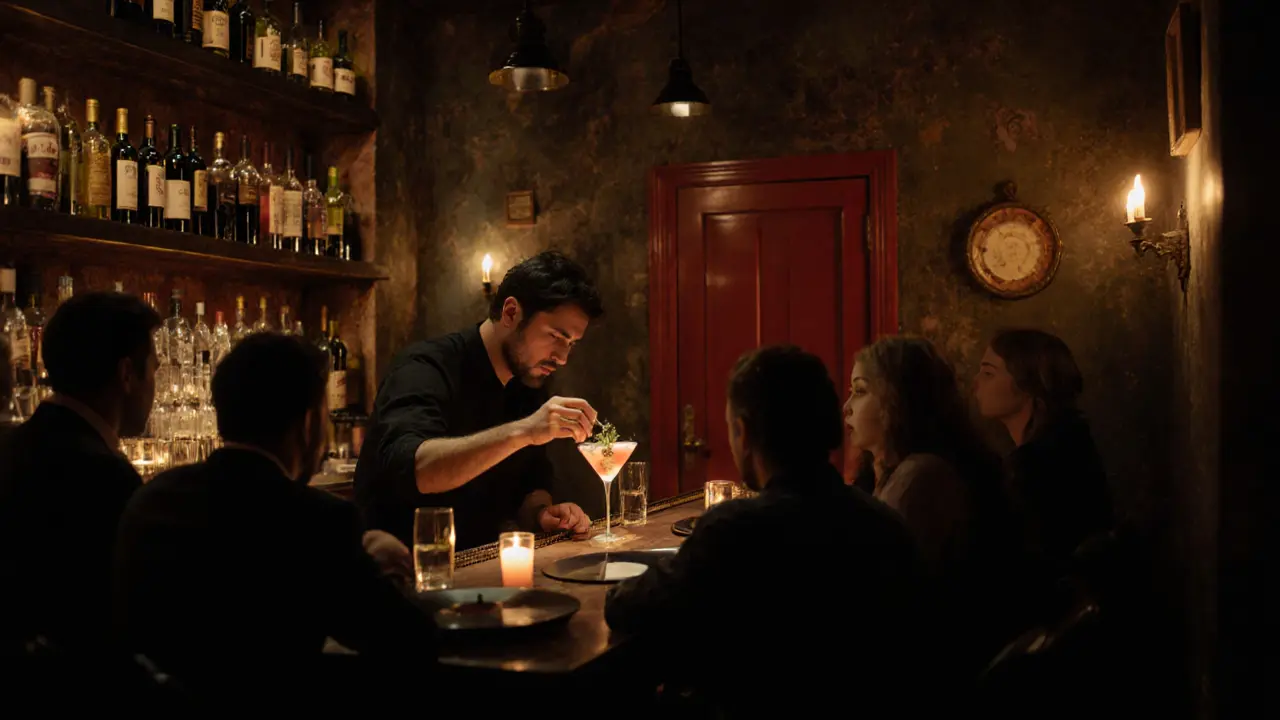 Candlelit speakeasy bar with wine bottles and bartender mixing a custom cocktail.