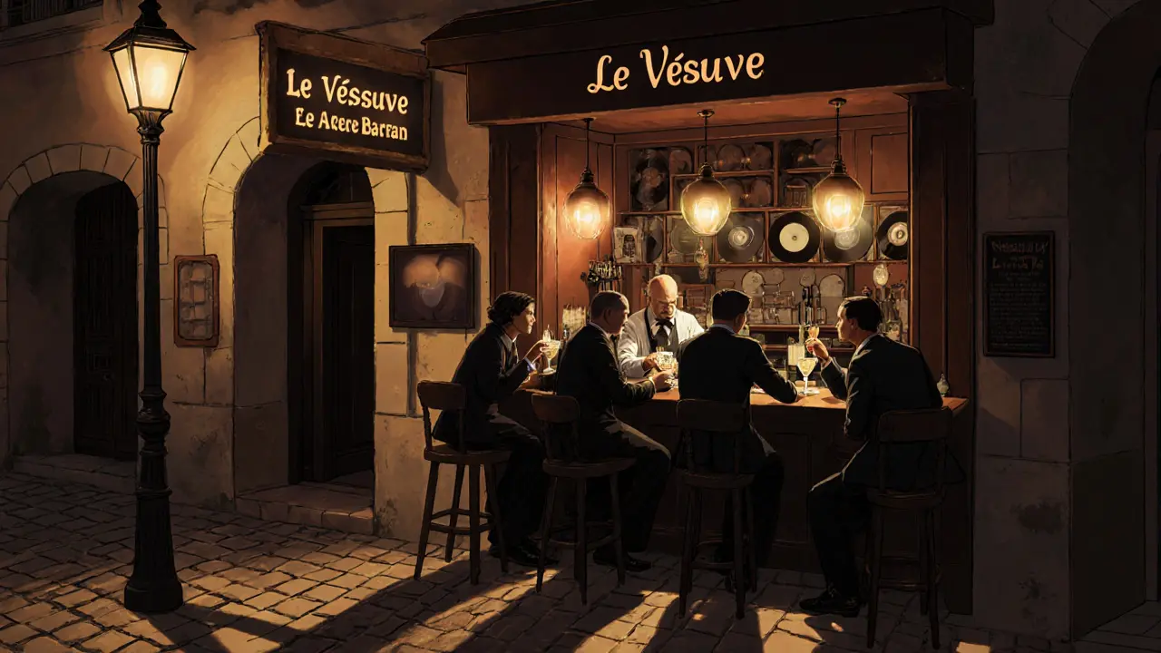 Cozy hidden bar Le Vésuve in Monaco&#039;s old town, soft lamplight on patrons and a bartender, no signs or neon.