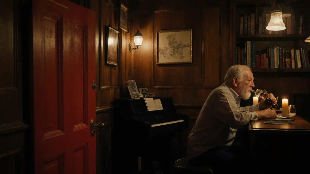 Cozy hidden bar with wood panels, piano, and bartender pouring vermouth by candlelight.