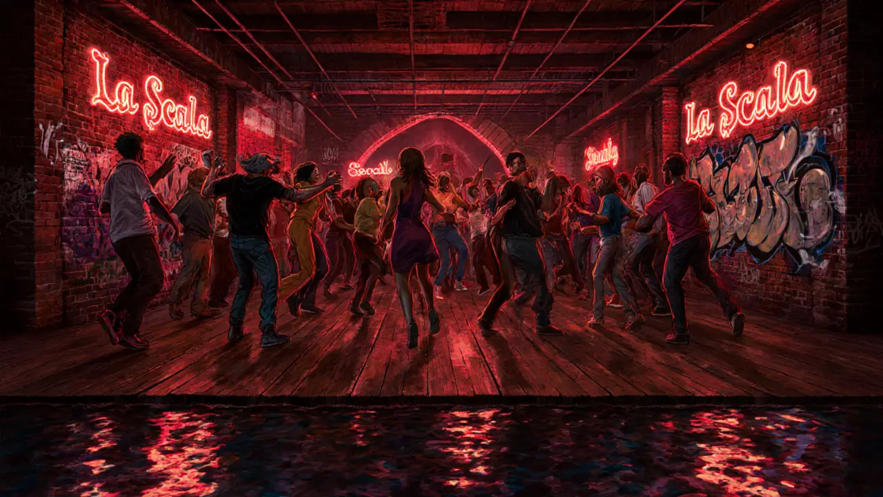 Crowd dancing in a warehouse club in Navigli under dim red lights and neon glow.