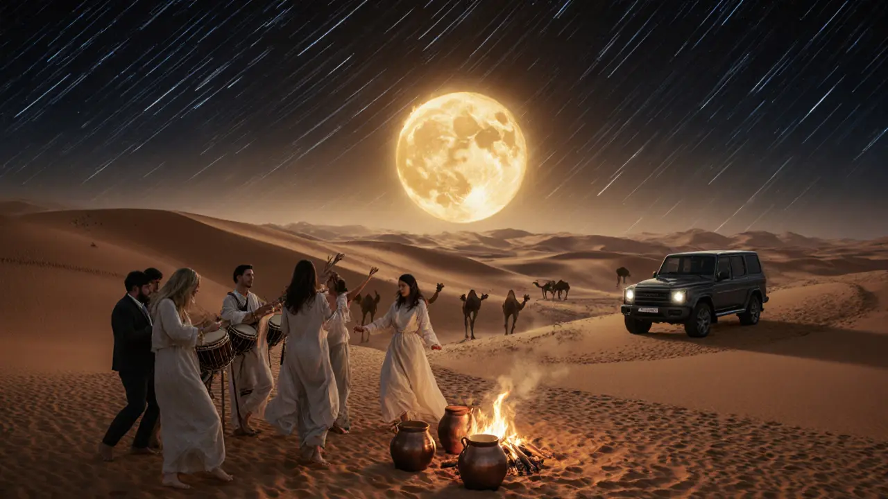 Desert party under a full moon with a live band, guests dancing among dunes and glowing coffee pots.