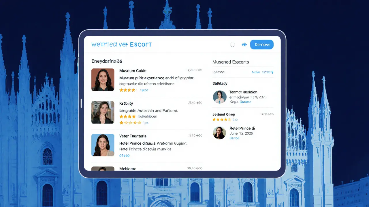 Digital profile screen showing verified escort details with client reviews and location tags.