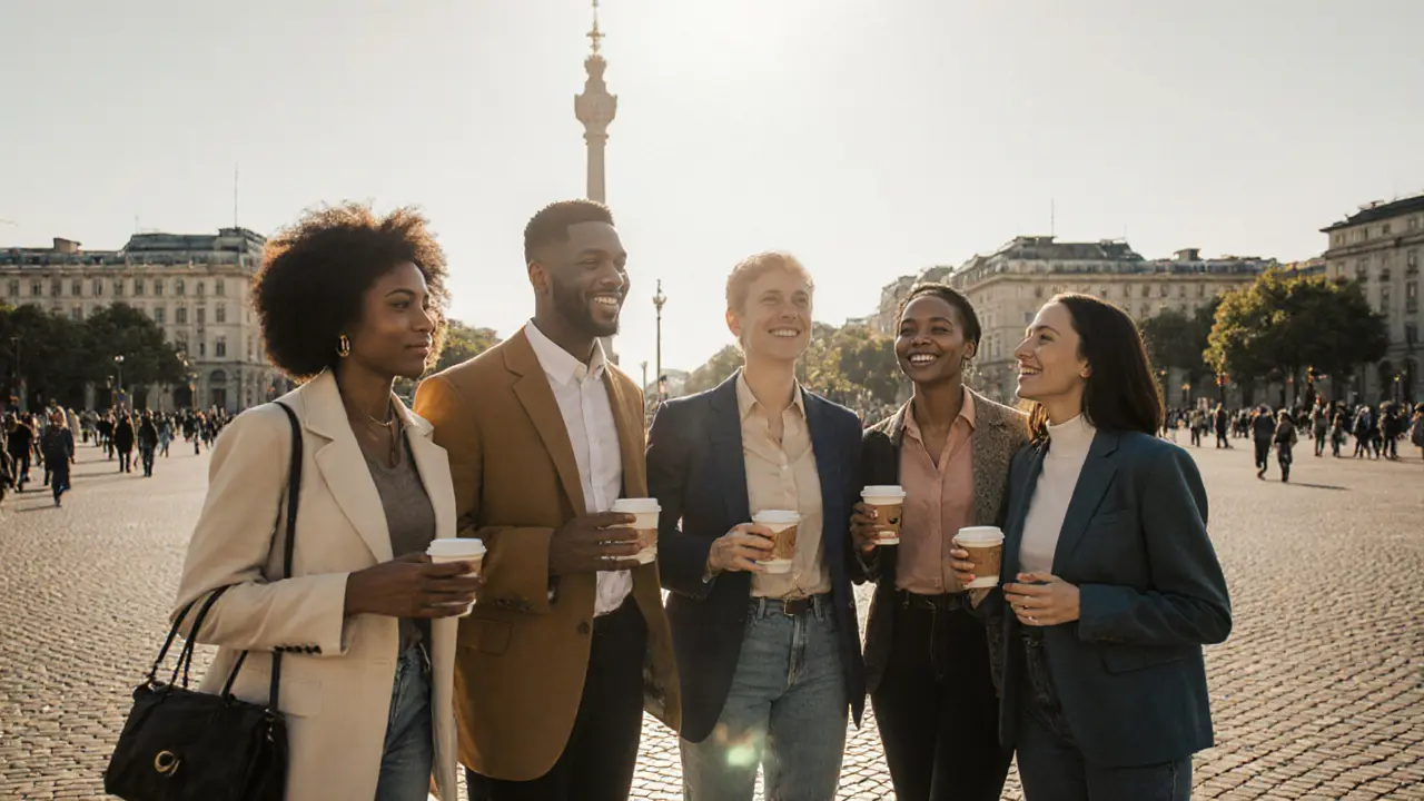 Diverse companions gather in a sunny Berlin courtyard, smiling and holding coffee cups.