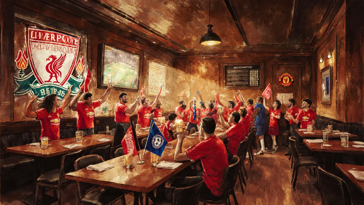 Fans at Browns Sports Bar waving team flags during a Premier League game, staff in jerseys.