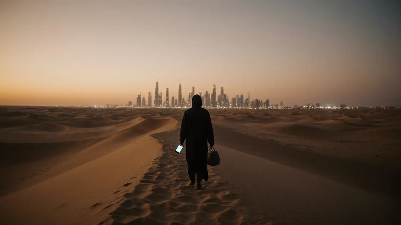 Figure walking alone along desert dunes at sunset, city skyline faintly visible in distance.