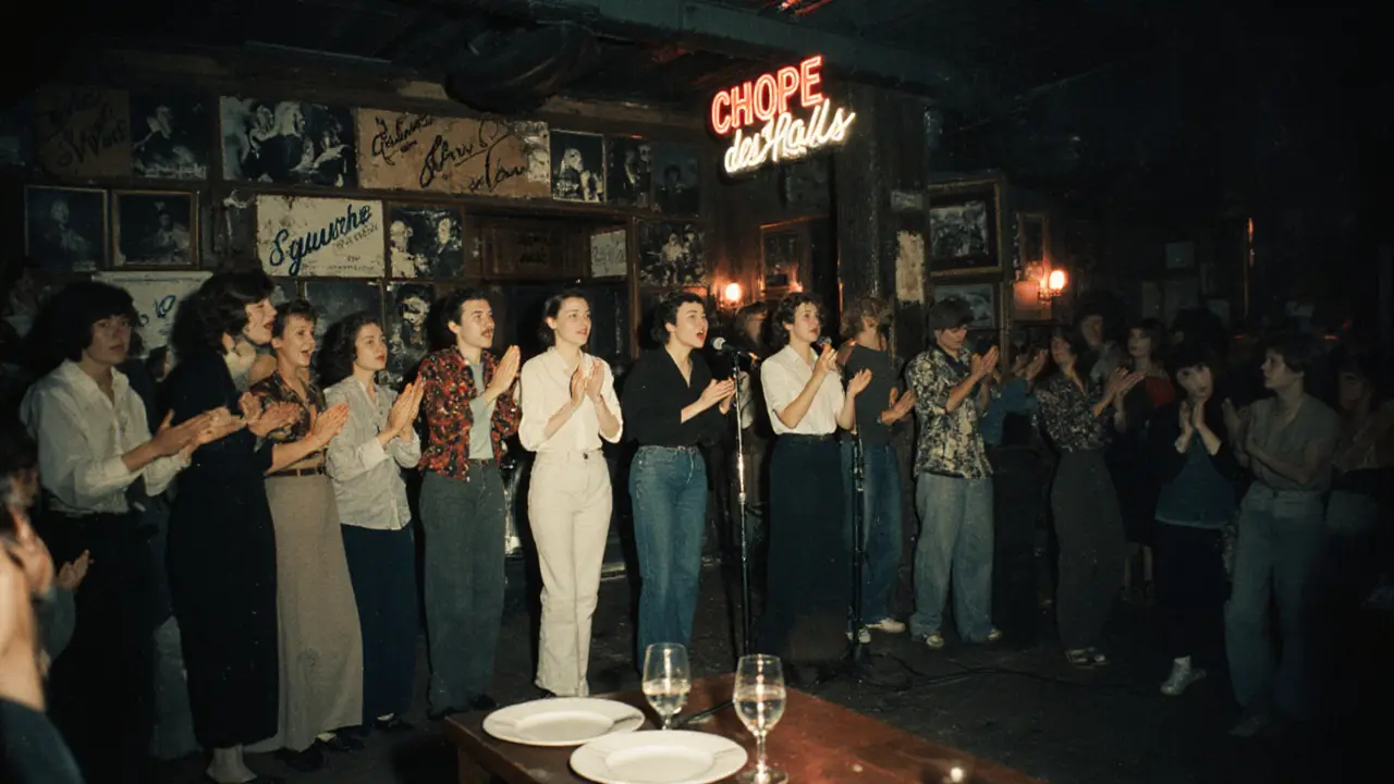 Group of tourists singing &#039;My Way&#039; as an entire bar stands and claps in support at La Chope des Halles.