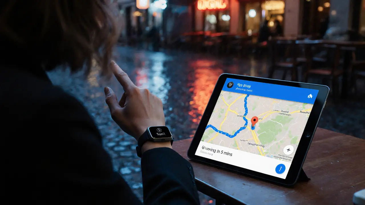 Hand pressing a discreet panic button on a smartwatch with live location sharing visible.