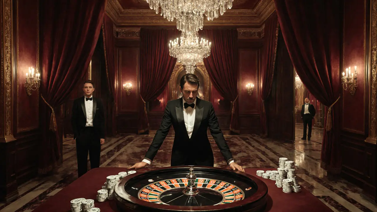 High-roller room in Monte Carlo Casino with man betting chips, velvet curtains, crystal chandeliers, no phones visible.