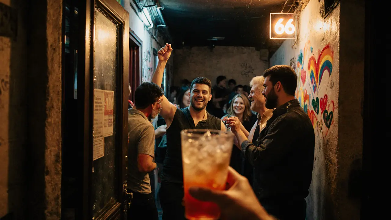 Interior of Bar 66 in Beyoğlu, showing dancers, performers, and patrons under soft neon glow.