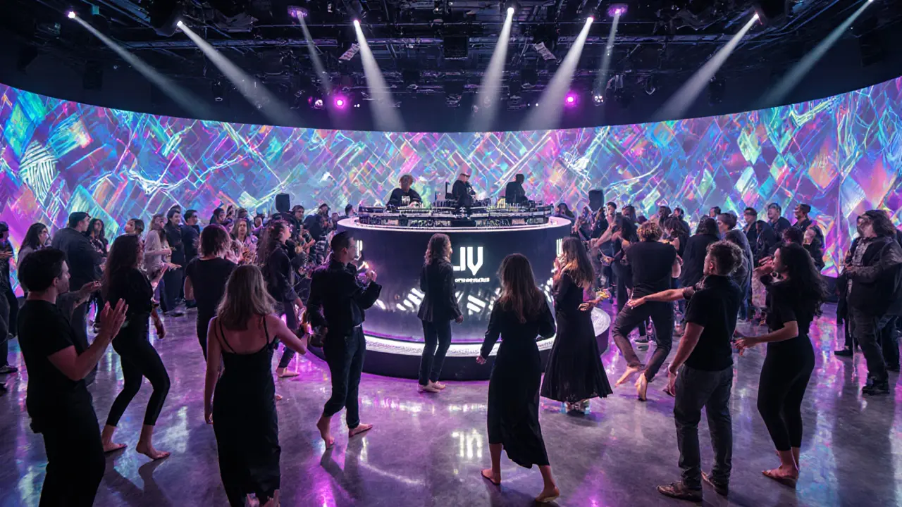 LIV nightclub interior with vibrant LED walls and dancing crowd under pulsing lights.